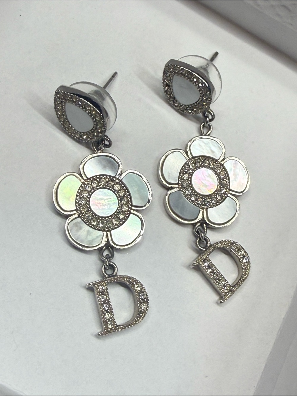 Dior Silver Drop Earrings with White Mother-of-Pearl Flower and 'D' Charm
